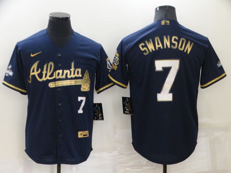 Men Atlanta Braves #7 Swanson Blue Gold Game 2022 Nike MLB Jersey